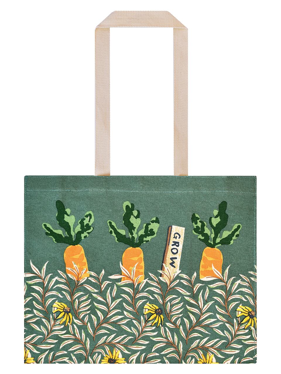 Ulster Weavers Canvas Schultertasche mit motivierendem 'Time to Grow' Motiv - drei Karotten, die aus einem Rudbeckien-Feld herausschauen