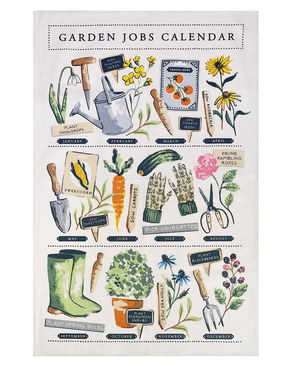 Illustriertes Baumwoll-Geschirrtuch Gartenarbeits-Kalender mit monatlichen Gartentipps und Aquarell-Zeichnungen von Gartenwerkzeugen, Samentütchen und Pflanzen.