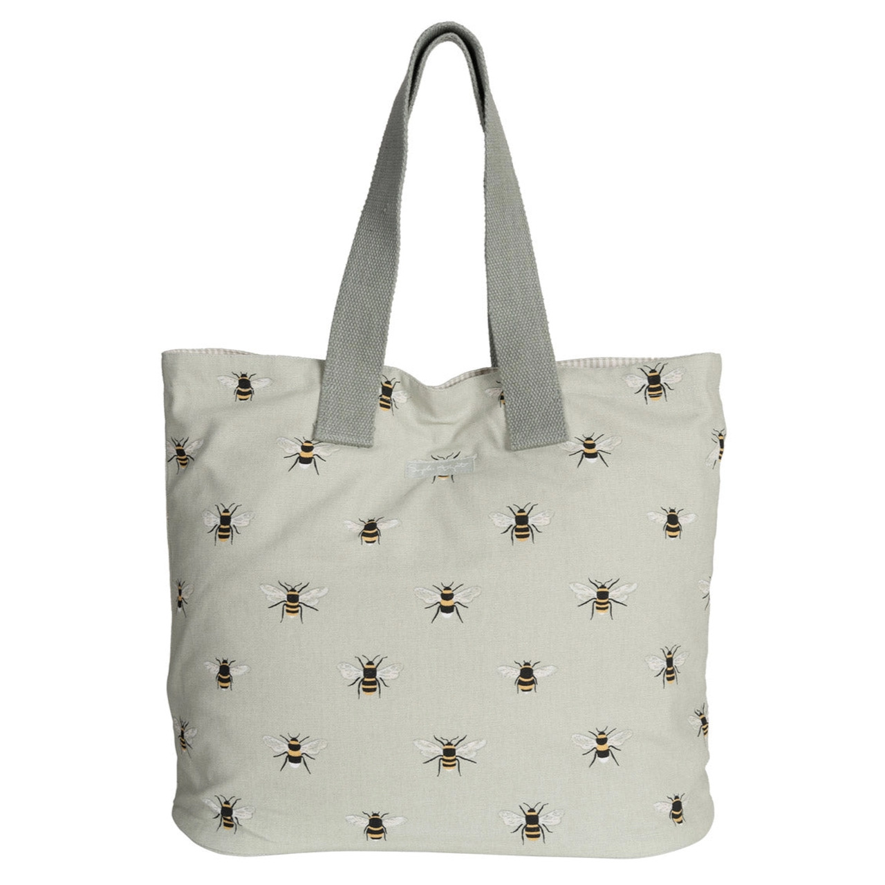 Hellgrüne Baumwolltasche mit Bienen-Muster und gewebten Schulterriemen | Bienen-Design von Sophie Allport, aus England