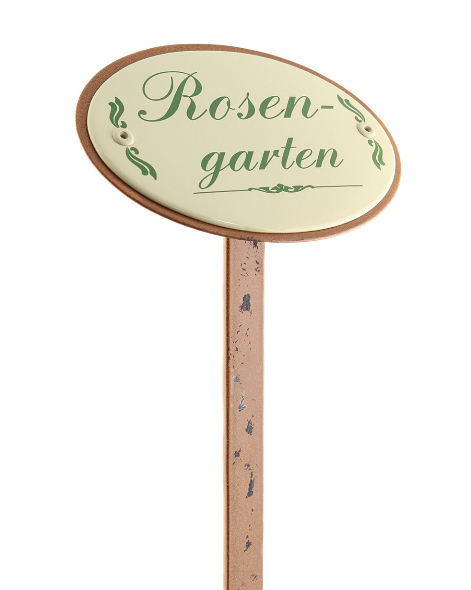 Emailleschild 'Rosengarten' leicht seitlich