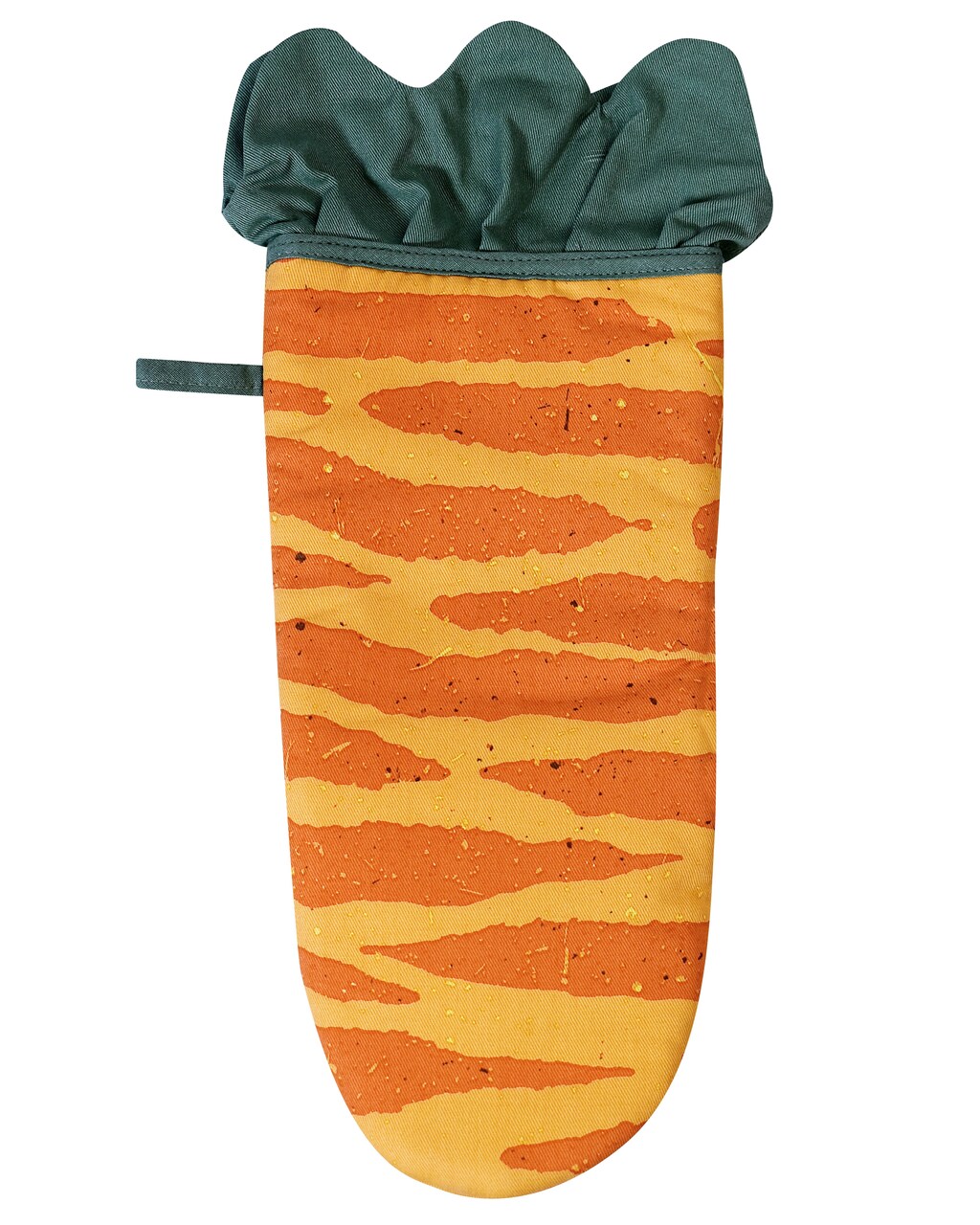 Ofenhandschuh in Form und Farbe einer Möhre | die Farben: Orange-gelb | Am oberen Rand mit angedeutetem Möhrengrün | von Ulster Weavers, aus England