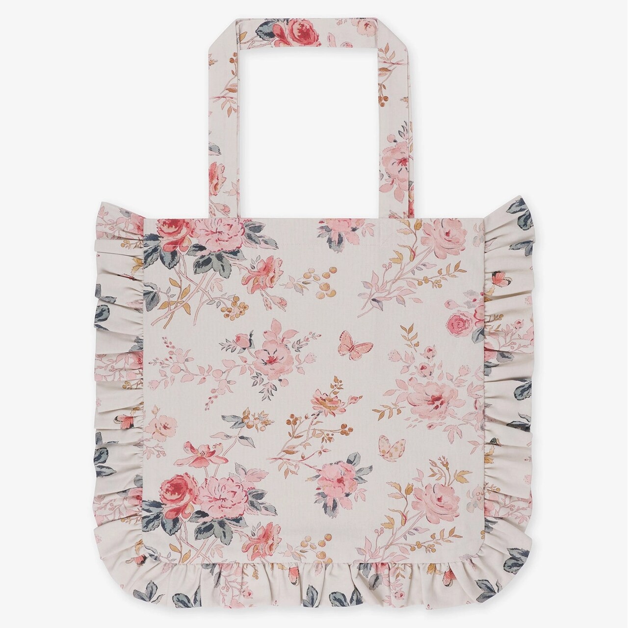 Cremefarbene Baumwolltasche - Tote Bag mit rosa Vintage-Rosen-Mustern und Rüschen an den Rändern | von Sophie Allport, aus England