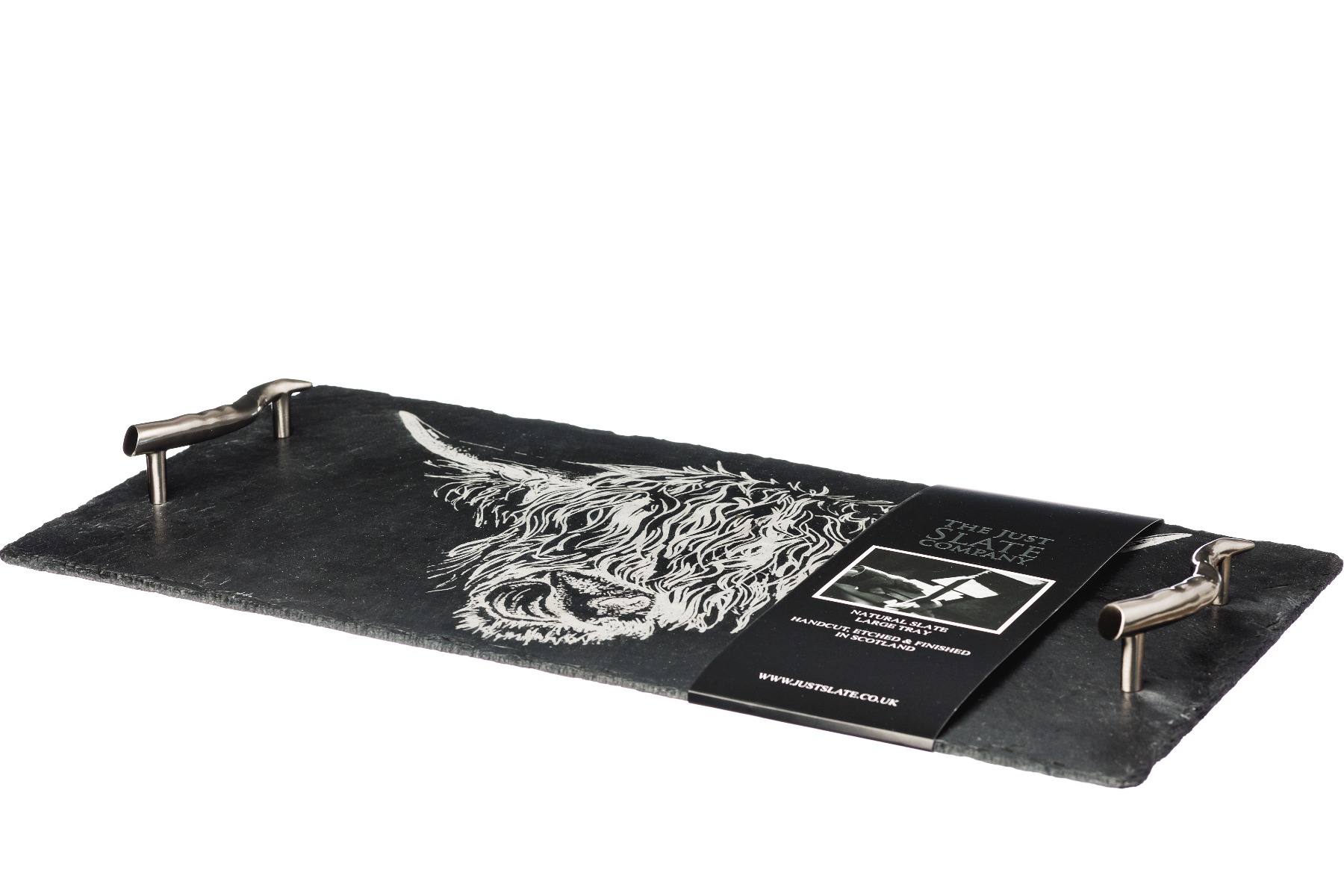 große Servierplatte aus Schiefer, Motiv Hochland Rind, mit Präsent-Banderole