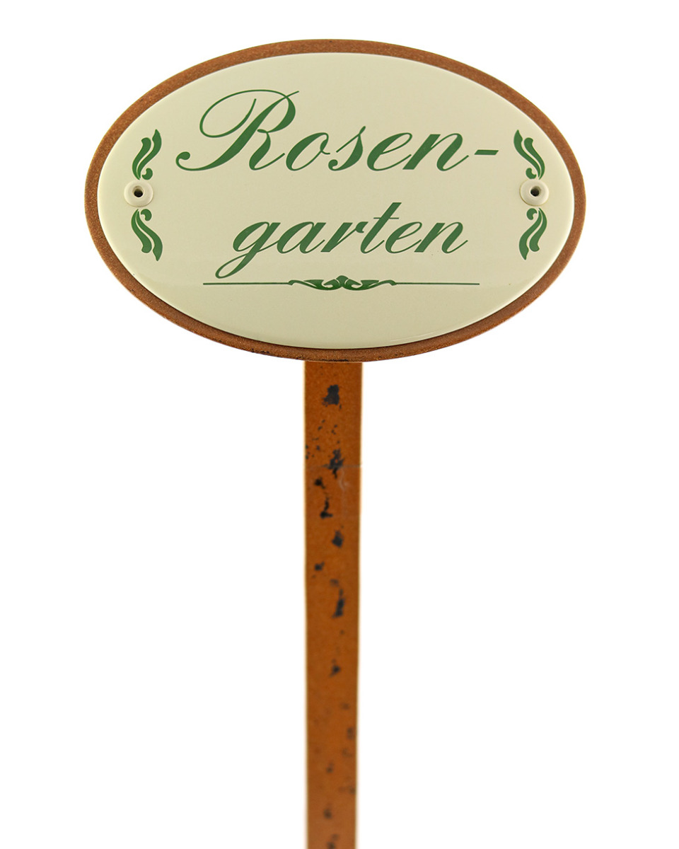 Gartenstecker mit ovalem Emailleschild 'Rosengarten'