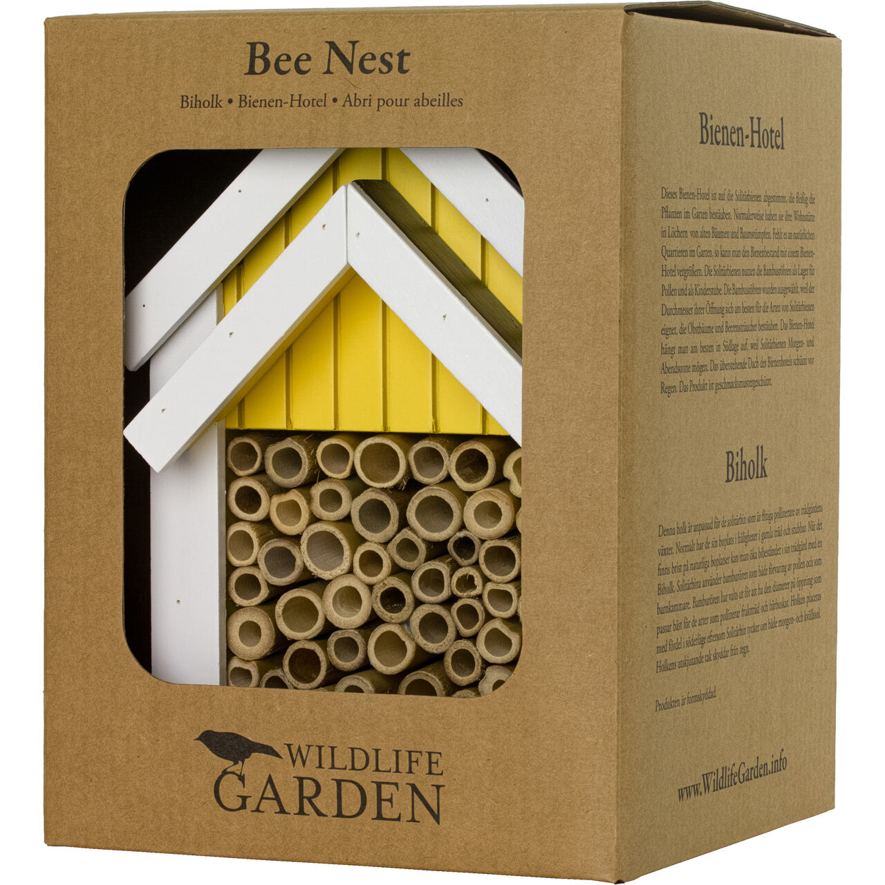 Gelbes Wildbienenhaus in der Verpackung