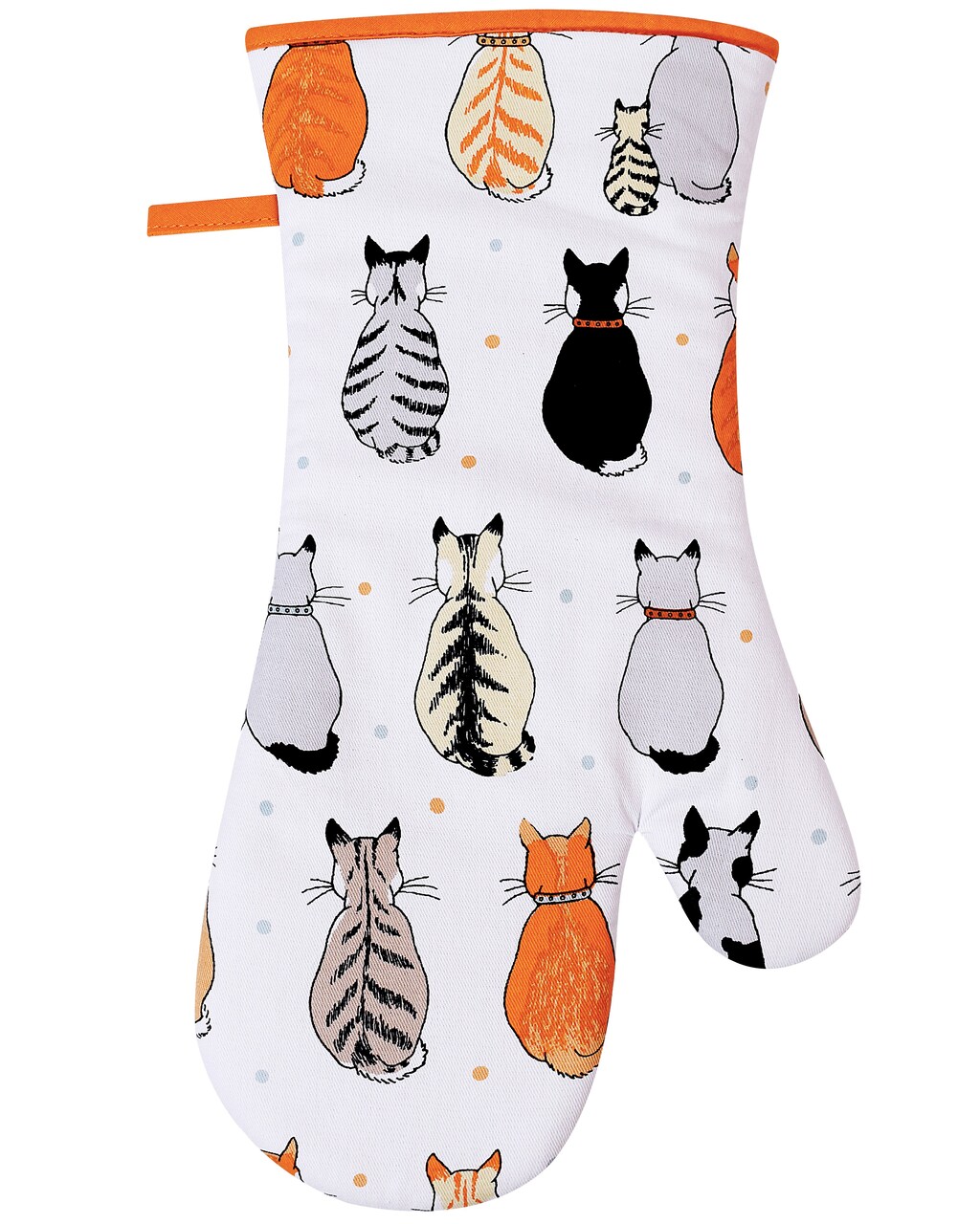 Ofenhandschuh Wartende Katzen 2026 - Das Design zeigt geduldig wartenden Katzen in Orange, Grau und in Schwarz-Weiß, mit eingerollten Schwänzen und mit dem Rücken zur Kamera - hin und wieder mit verschmitztem Schulterblick