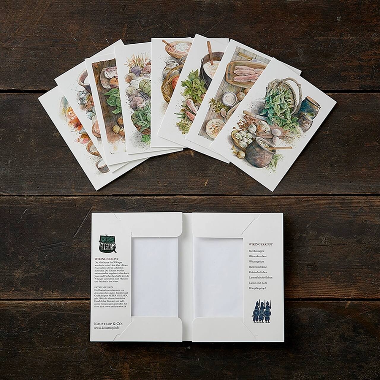 Der Inhalt der Kartenbox: 8 verschiedene Grußkarten mit 8 verschiedenen Wikinter-Zutaten und den Rezepten dazu auf der Rückseite