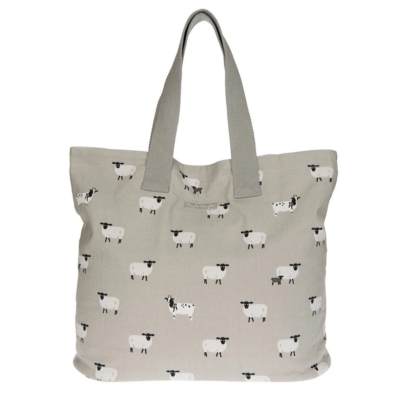Graue Baumwolltasche mit Schaf-Print und breiten, gewebten Trageriemen | Schafe-Design von Sophie Allport, aus England