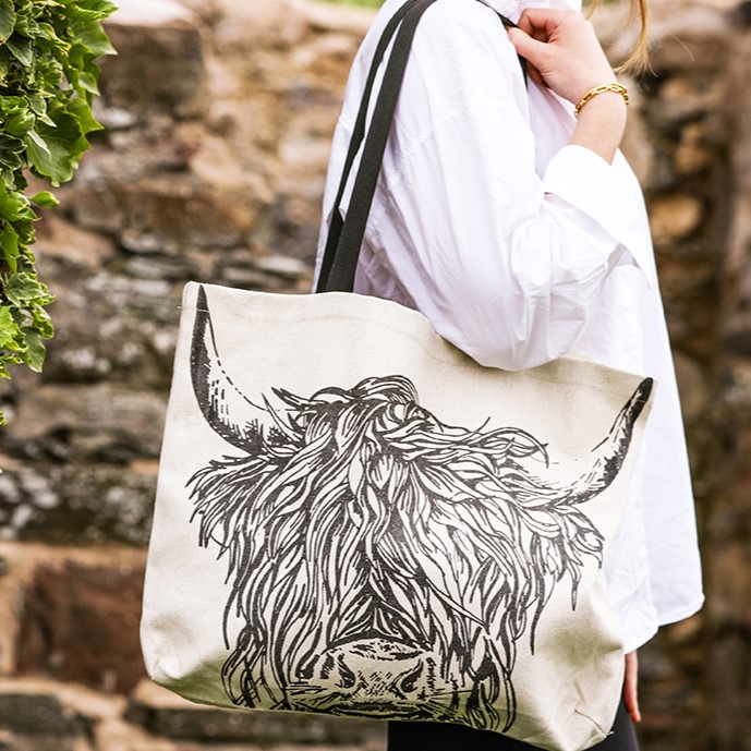 Große Tote Bag | Design Highland Cow | Material 50% Leinen u. 50% Baumwolle