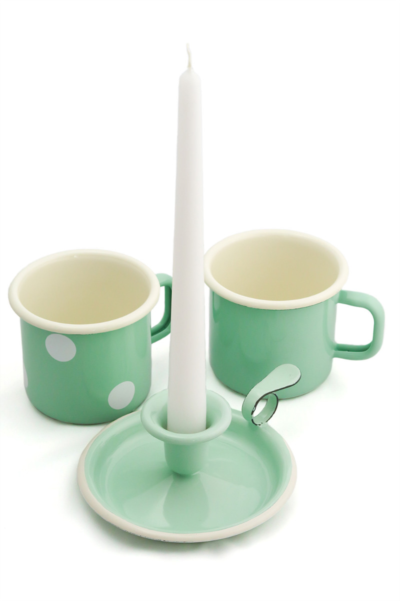 Emaille-Kerzenhalter mingrün mit Tassen