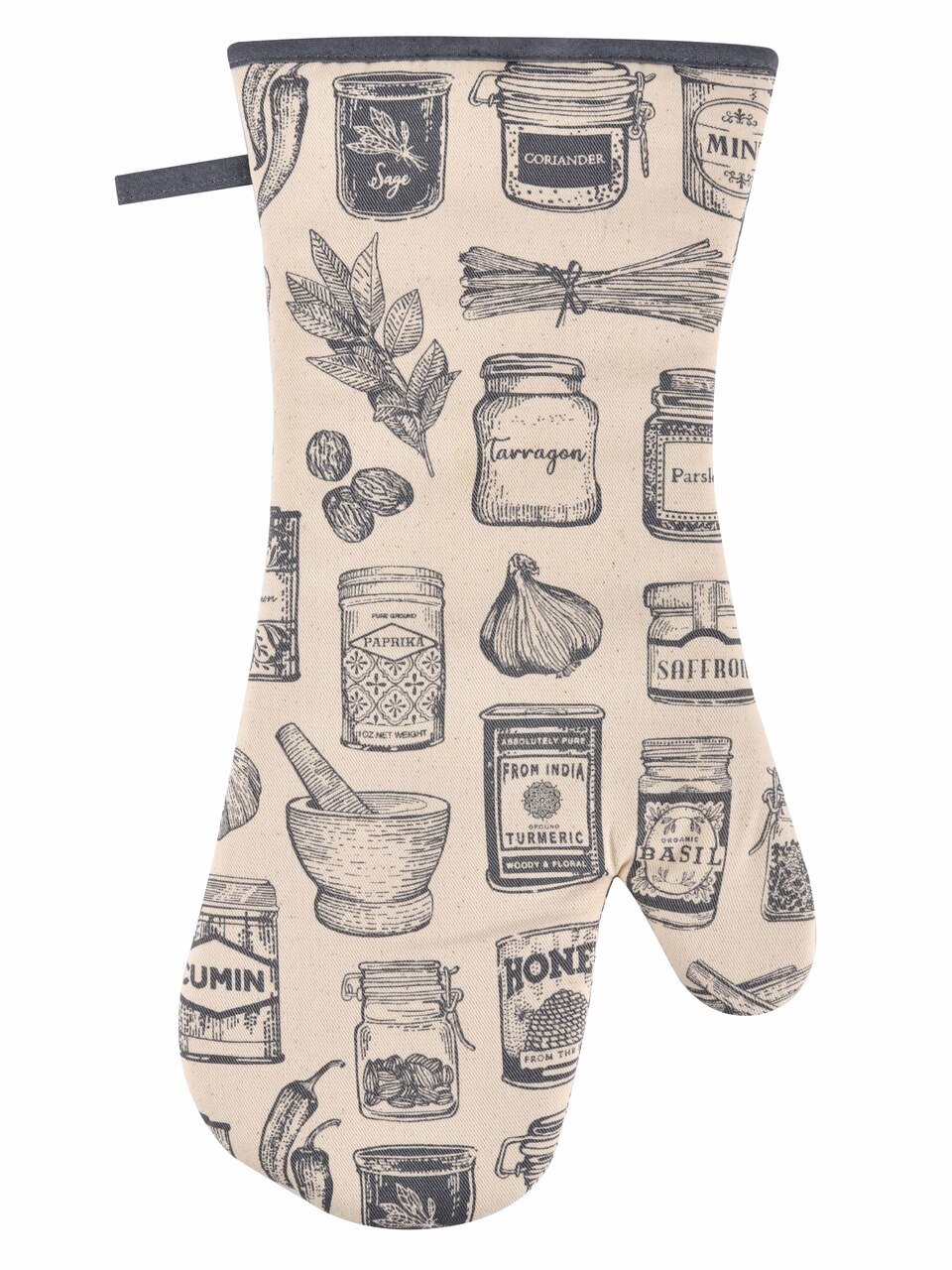 Langer Ofenhandschuh von Ulster Weavers aus ungebleichter Baumwolle mit Vintage-Gewürzdosen-Motiven