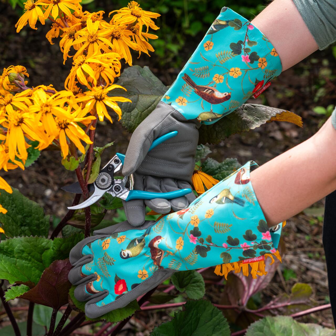 Gartenhandschuhe mit Stulpe | Design Flora & Fauna | chinesische Aquarelle und handkolorierte Stiche von zierlichen Singvögeln und zartem Laubwerk aus den Jahren 1819-1912