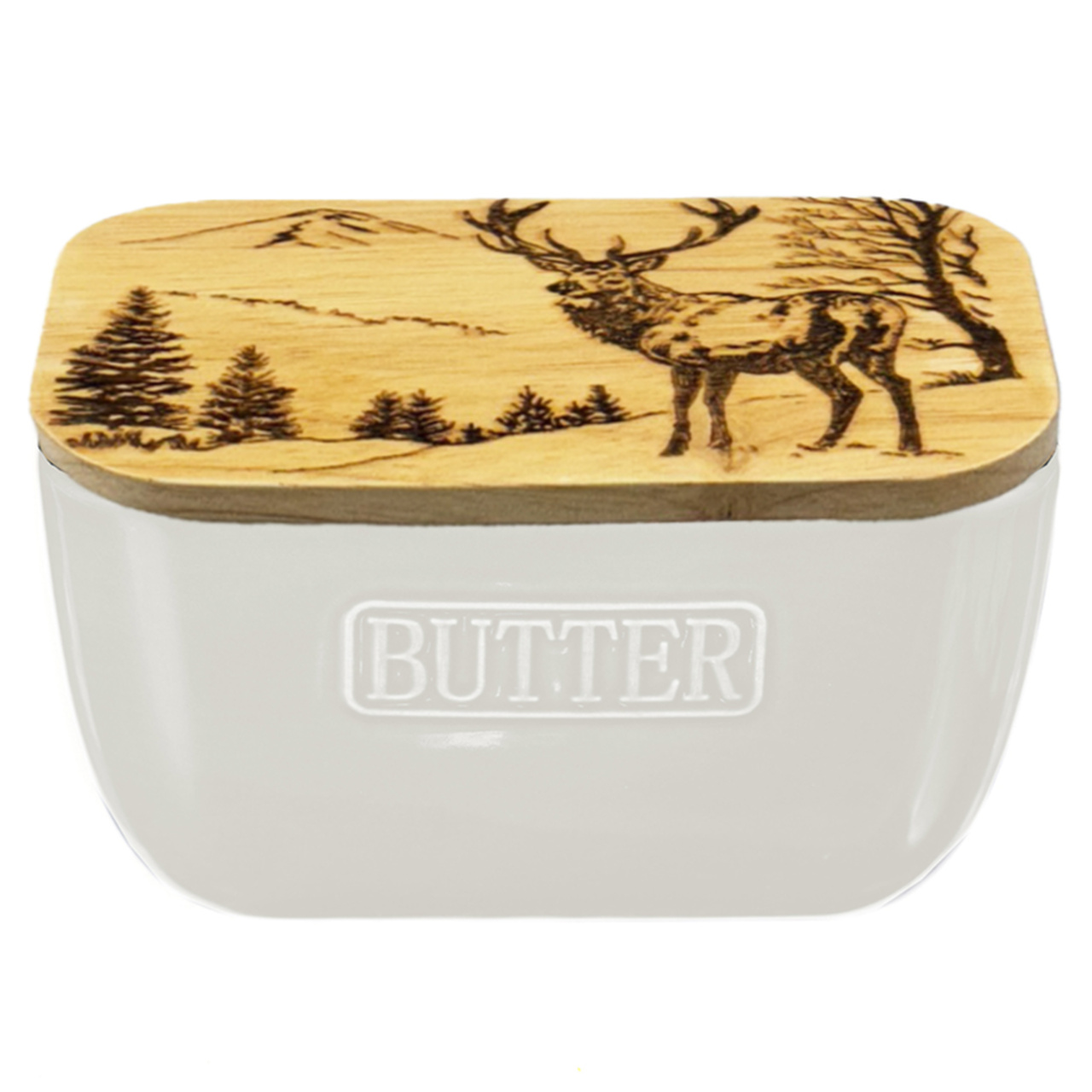 Weiße Keramik-Butterdose mit Eichenholzdeckel | Gravur: Idyllische Hirschszenerie | von Selbrae House, Schottland