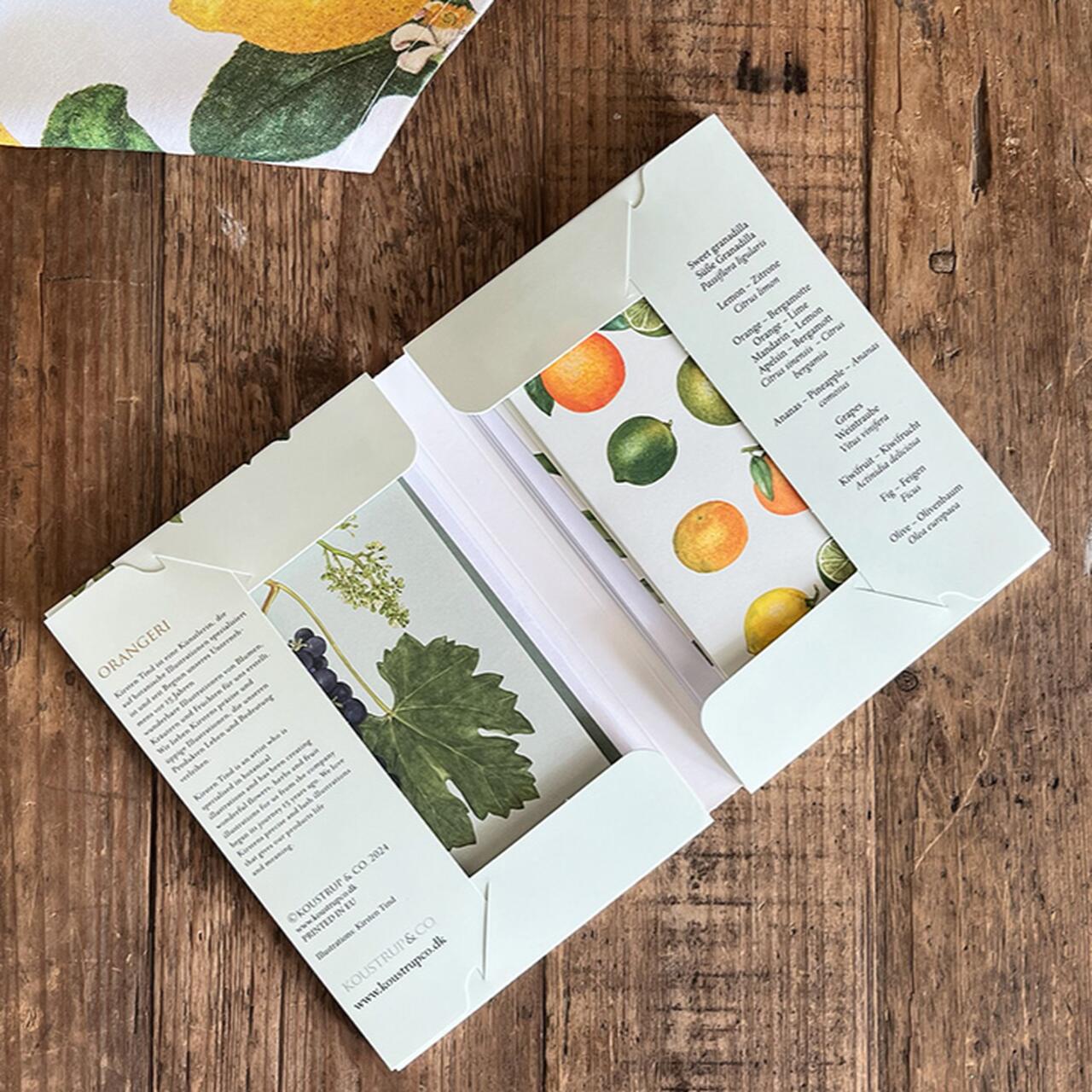 Die aufgeklappte Kartenbox | auf jeder Seite 4 Grußkarten mit 4 passenden Umschlägen | links Informationen zu Kirsten Tind - rechts eine Liste der Früchte incl. botanischer Bezeichnung
