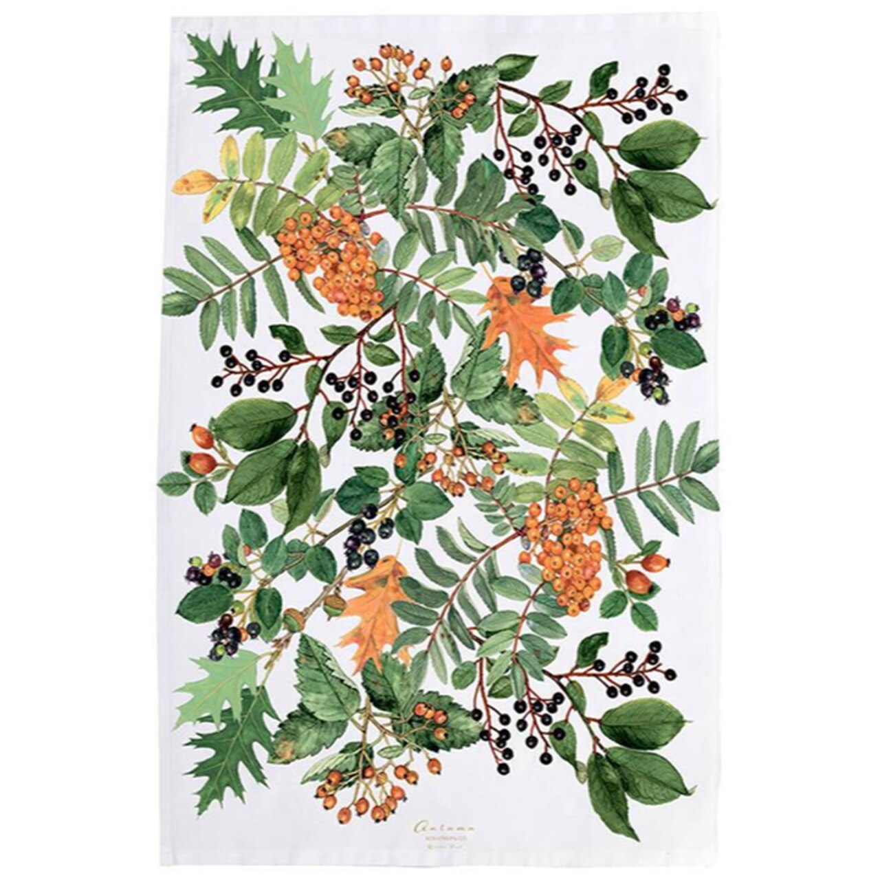 Geschirrtuch aus 100% Bio-Baumwolle | weiß | mit Herbstmotiven in warmen Orange- und Grüntönen mit dunkel-reifen Beeren