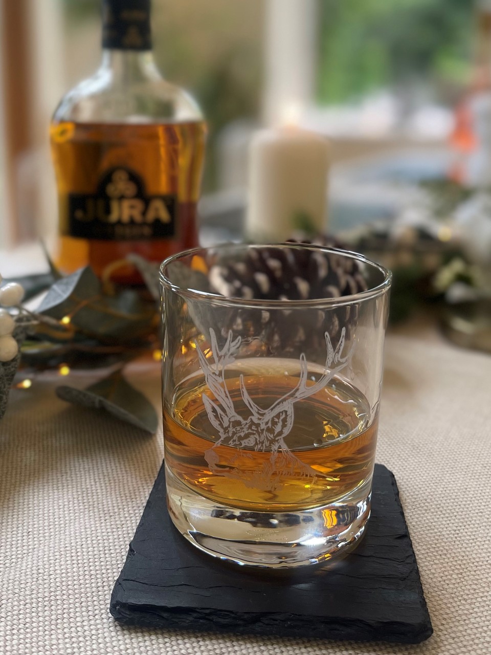 Hirsch | Tumbler-Glas mit Schieferuntersetzer | Weihnachten