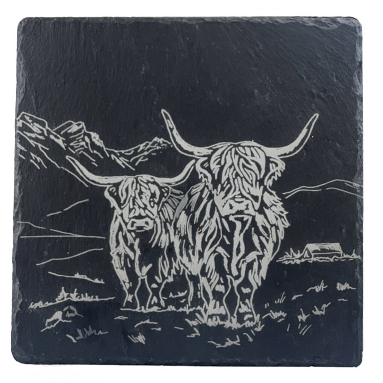 Schiefer-Topfuntersetzer mit Highland Cow-Motiv | ein Paar, Bulle und Kuh - wandern gemeinsam durch die einzigartigen schottischen Highlands.