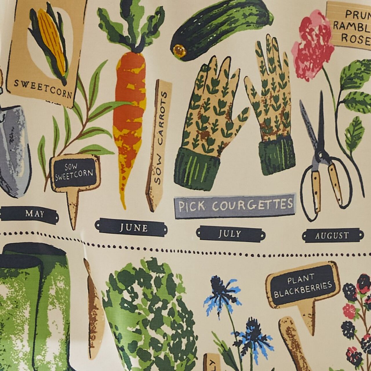 Das Muster in groß: Vintage-Gartengeräte, Samentütchen und Gemüse