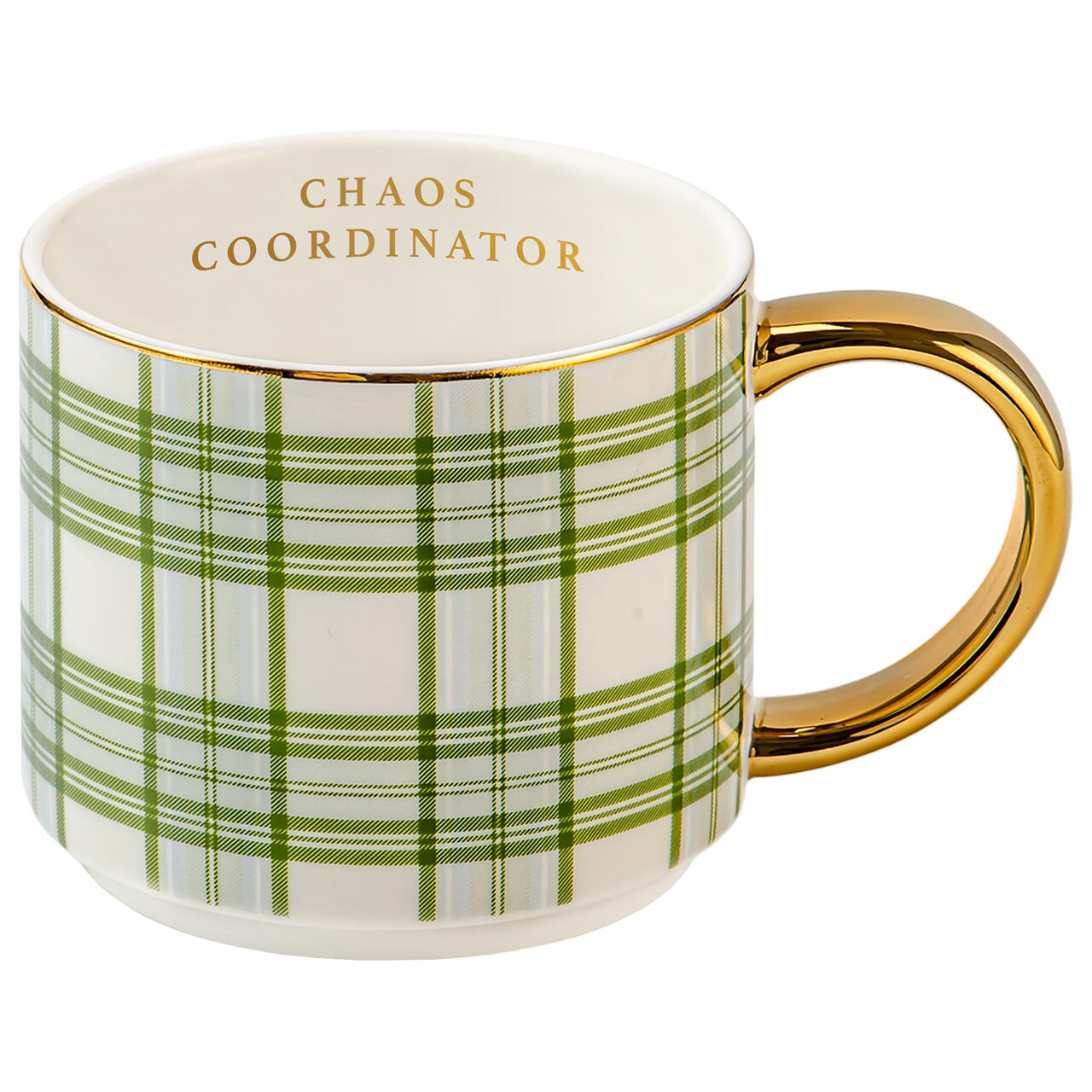 Dekorative Tasse aus feinstem Bone China Porzellan in großzügiger, amerikanischer Größe | innen mit goldfarbenem Schriftzug: "Chaos Coordinator" | mit goldfarbenem Henkel und Echtgold-Akzenten am Rand | Design: Karomuster in hellblau und grün.