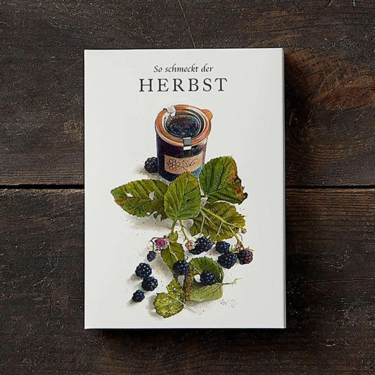 So schmeckt der Herbst | Grußkarten-Mappe mit Brombeergelee, Reifen Brombeeren und -blättern auf der weißen Vorderseite