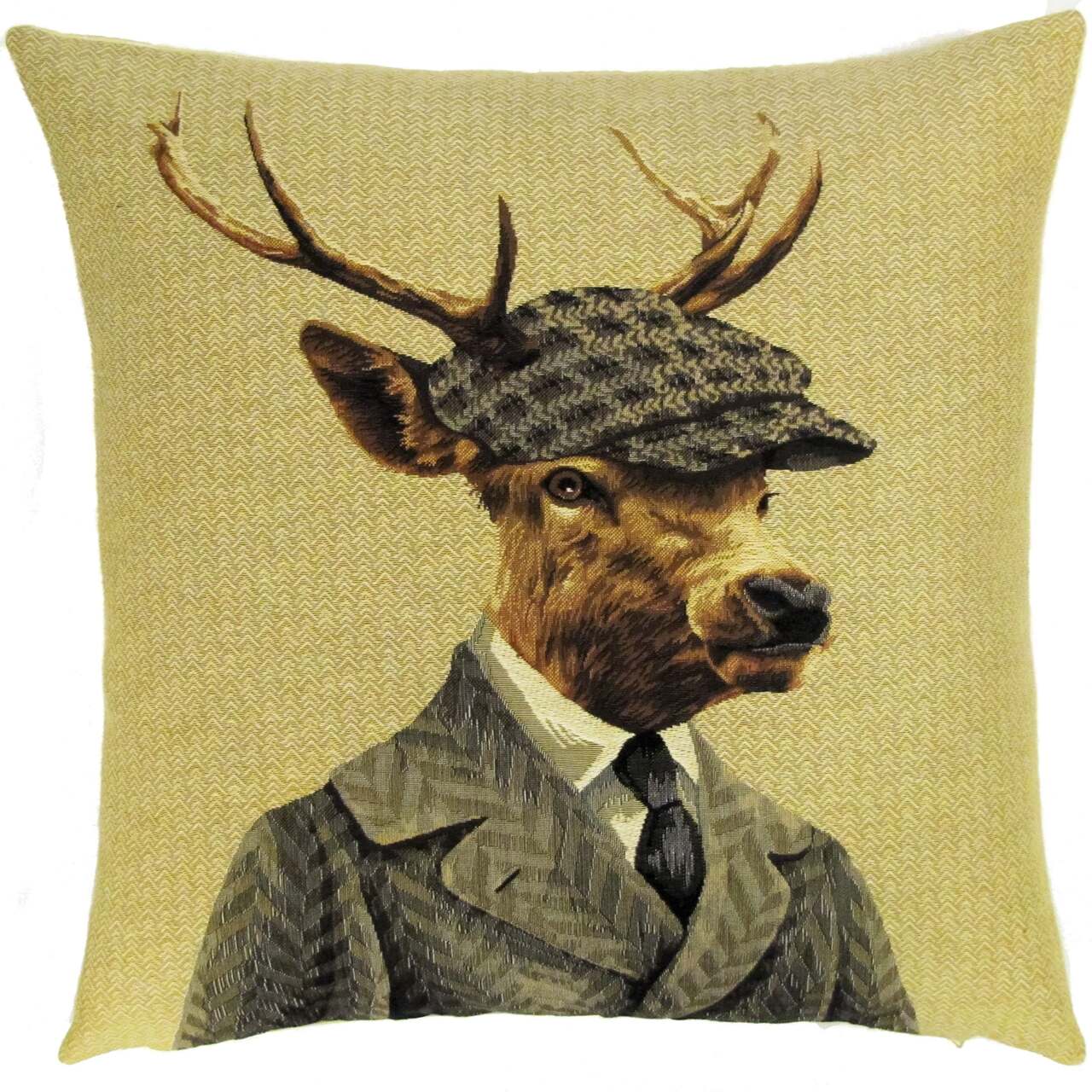 Sofakissenhülle mit einem Hirsch-Porträt im Gentleman-Stil, bekleidet mit einem Tweed-Sakko, Schiebermütze und Krawatte auf beigem Hintergrund