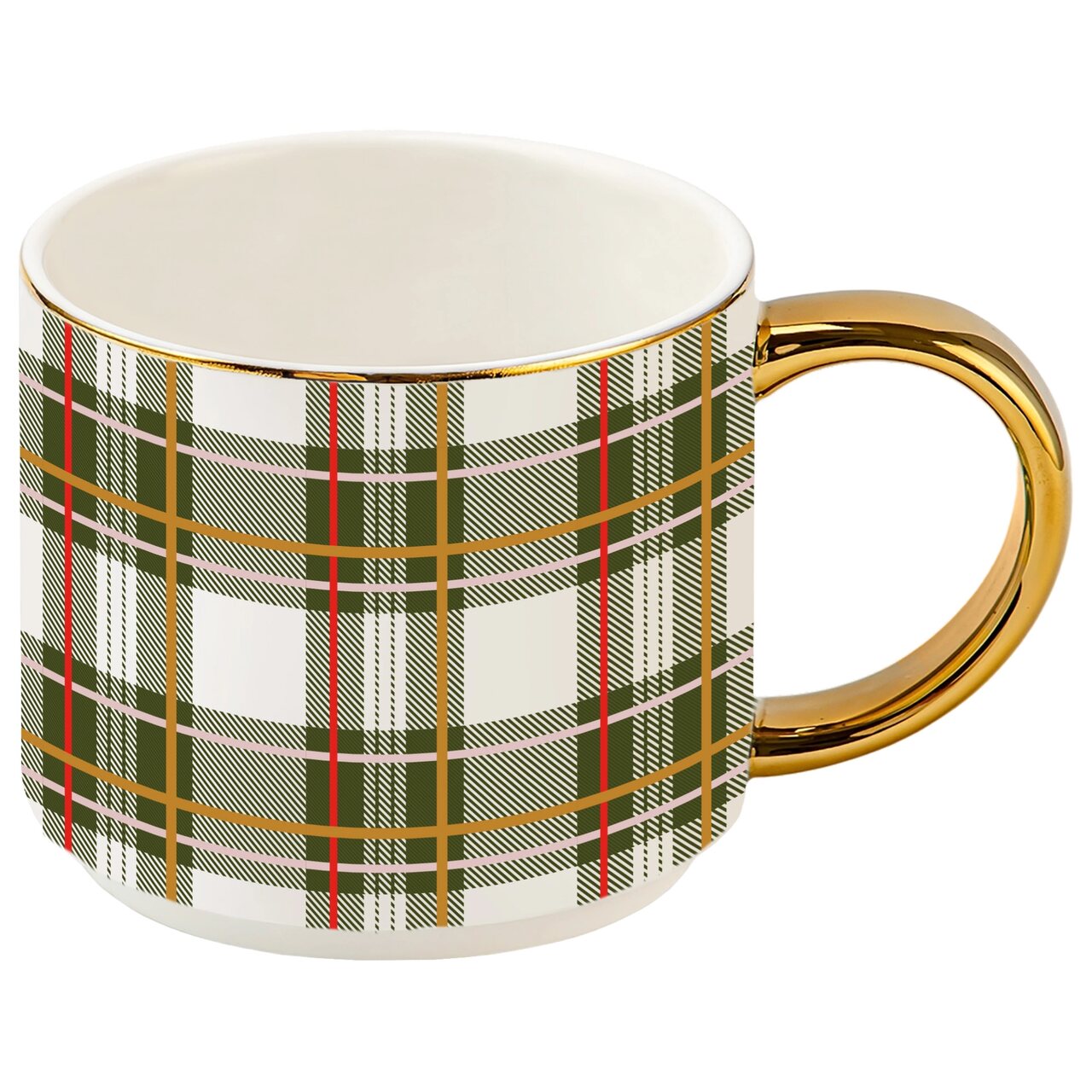 Weihnachtstasse | Porzellantasse mit grünen Karos - Green Plaid | mit Goldhenkel und feinem Goldrand | von Sweet Water Decor, USA
