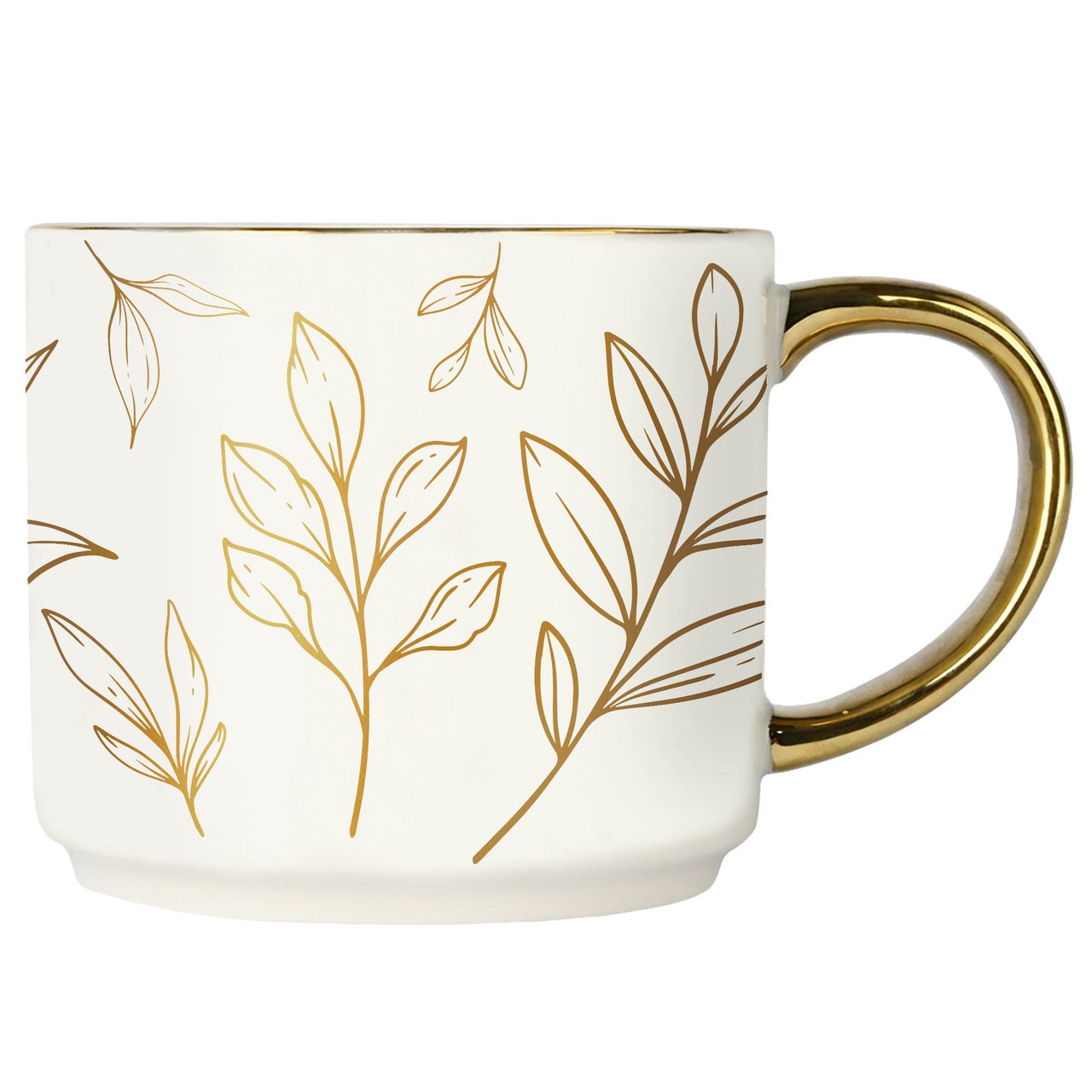 Weiße Fine Bone China Tasse mit elegantem Goldhenkel und filigranem, goldenem Blättermotiv