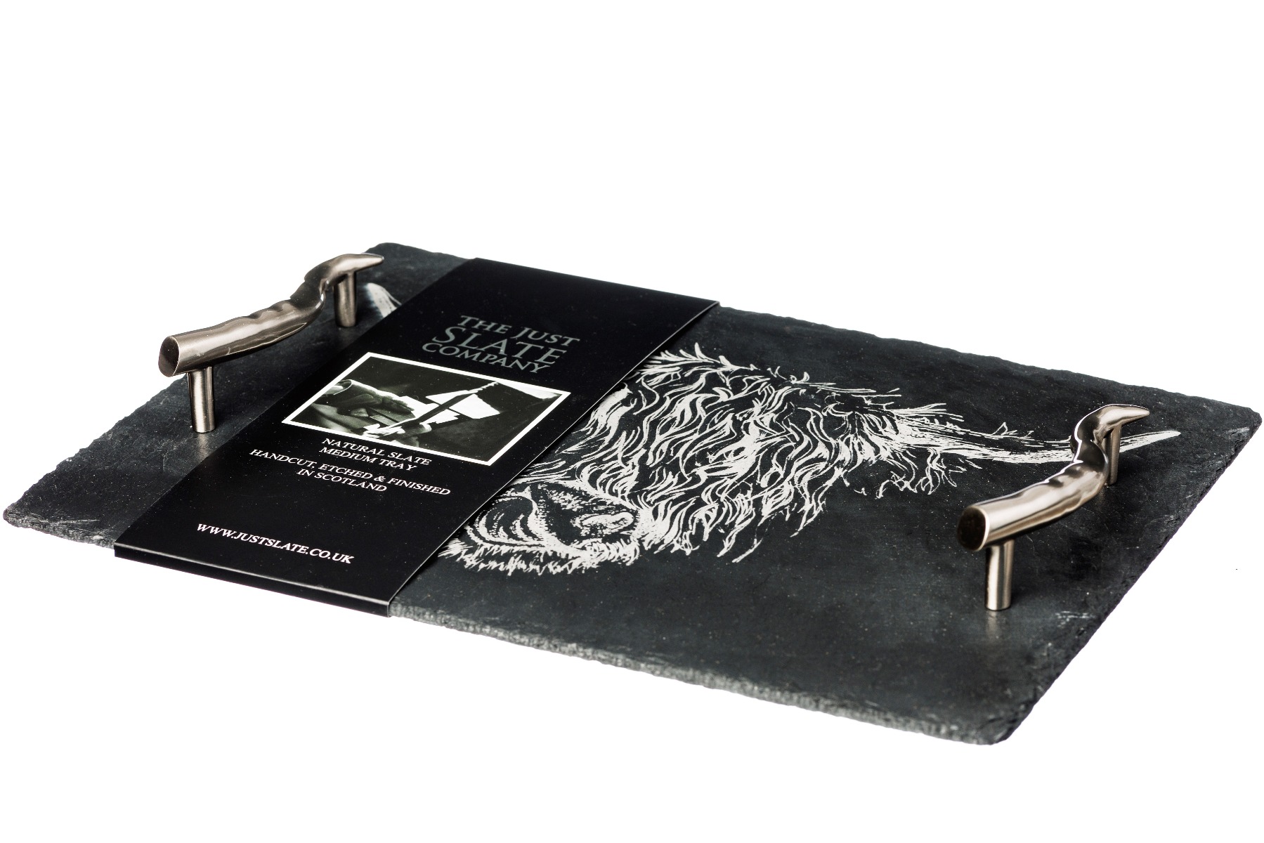 Servierplatte aus Schiefer, medium, Motiv Highland Cow, mit Präsentbanderole