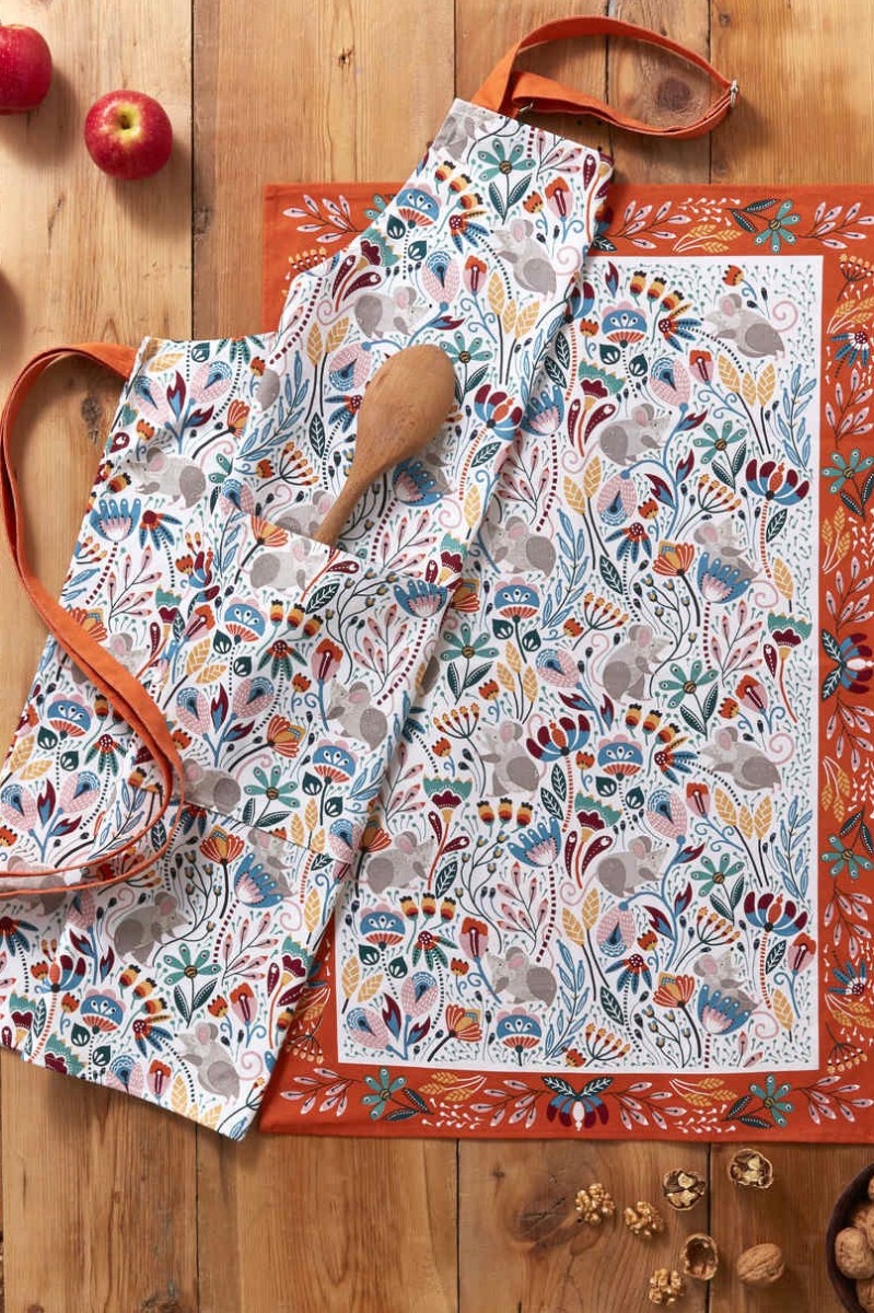 Baumwollschürze und -geschirrtuch, Design Feldmäuse