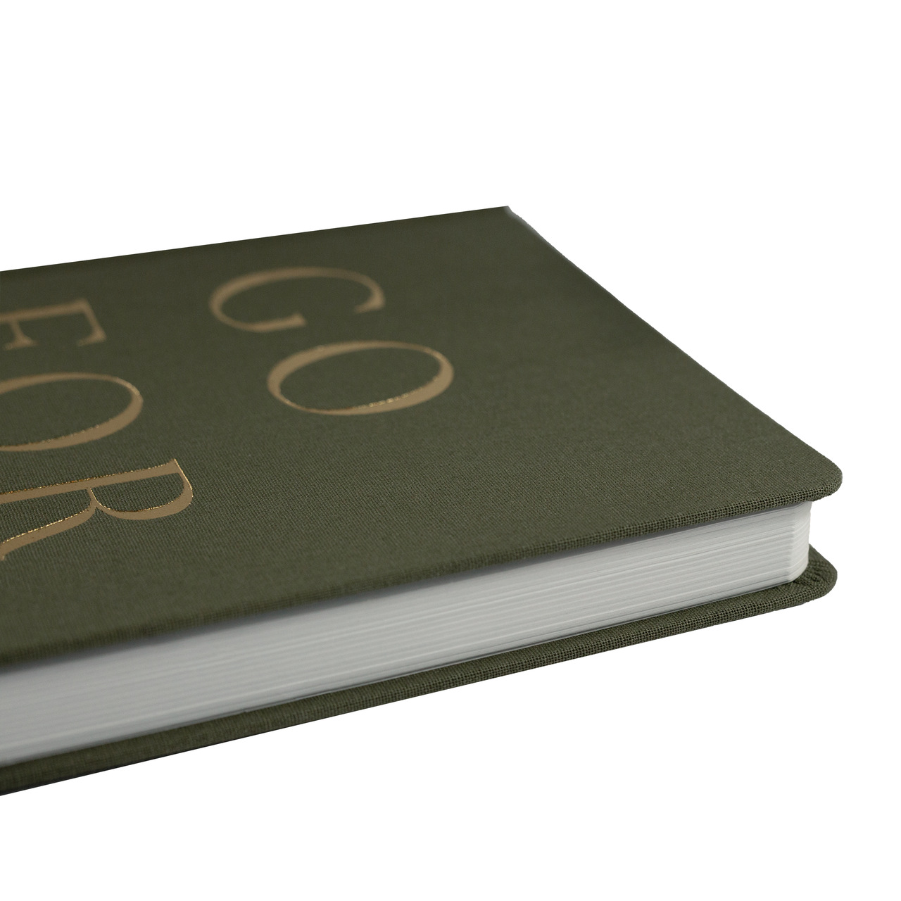 "Go for it" Notizbuch von der Seite | weißes Papier - grüner Einband