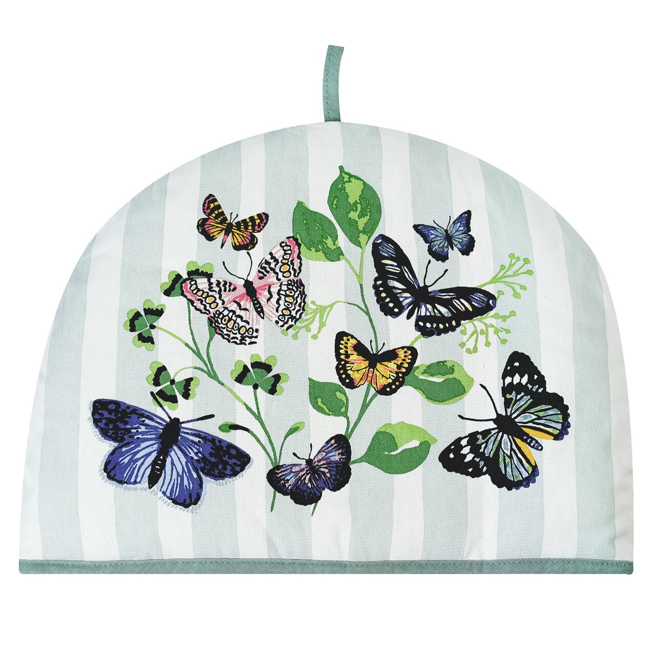 Teehaube Schmetterlingshain von Ulster Weavers: Auf Hintergründen in Creme und hellem Blau entfalten leuchtende Farben von Wiesenblüten und Schmetterlingsflügel ihre volle Strahlkraft und erzeugen einen frischen Kontrast