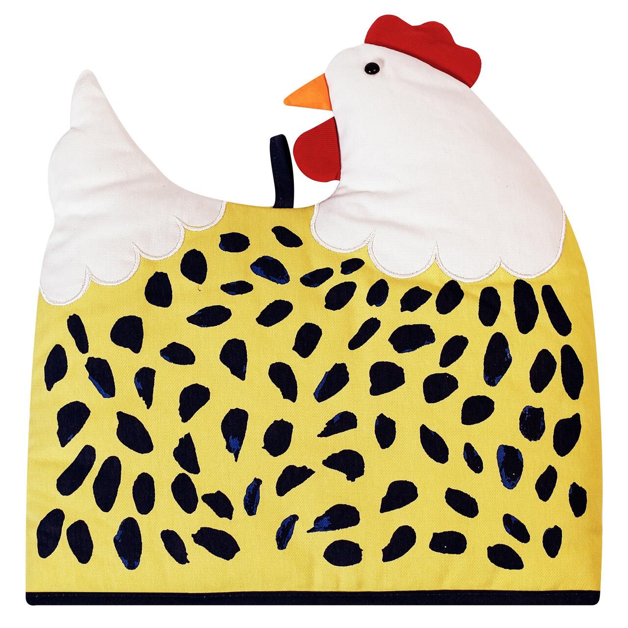 Farbenfroher, gelber Teewärmer von Ulster Weavers in Form eines Huhns mit schwarzem Federkleid, weißem Kopf und rotem Kamm.