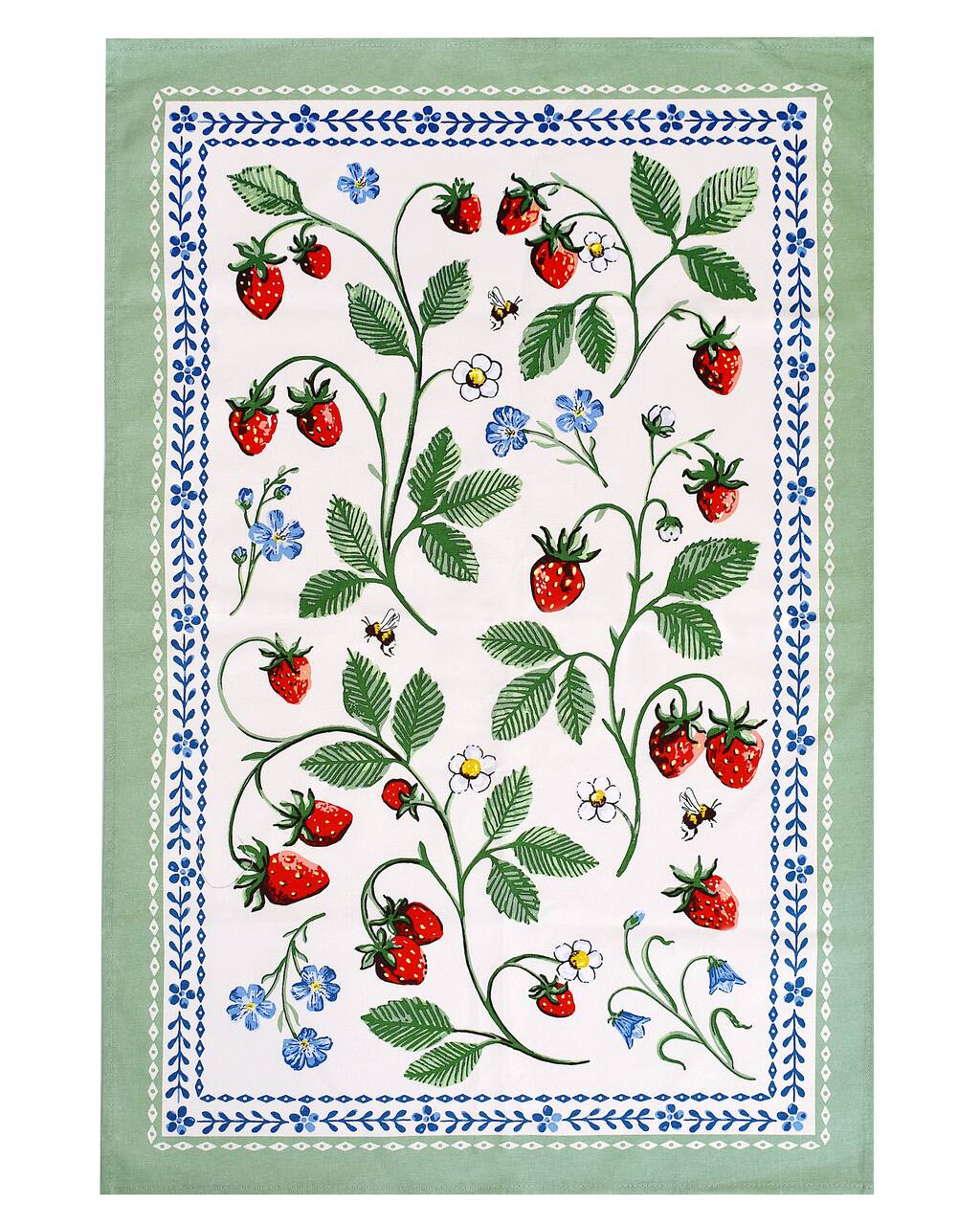 Ulster Weavers Geschirrtuch Erdbeerbeet - Strawberry Patch | mit roten Erdbeeren, blauen Vergissmeinnicht und Bienen auf hellem, cremefarbenen Hintergrund.