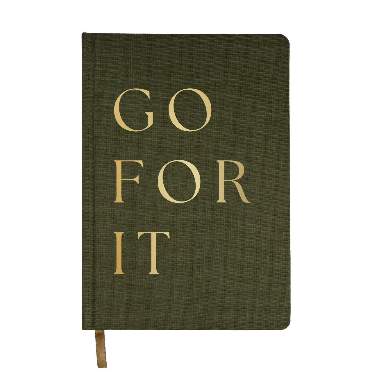 Notizbuch | mit olivgrünem Textileinband | mit eleganter Goldfolienprägung: "Go for it"