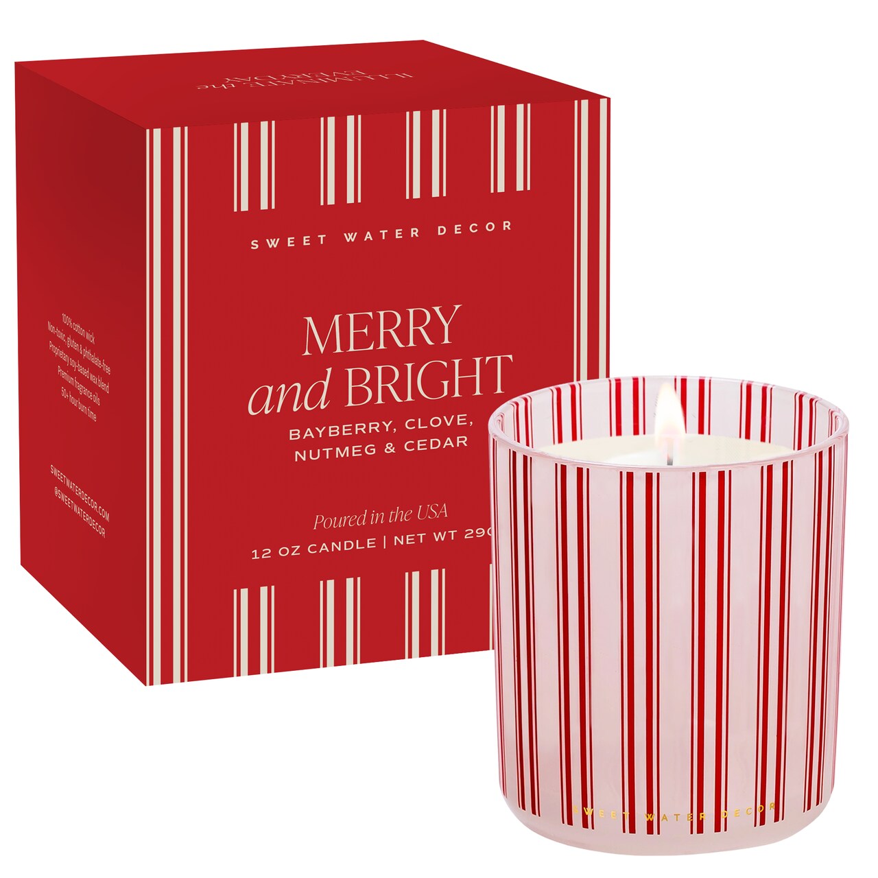 Duftkerze Merry and Bright - Bayberry & Nelke | in durchscheinendem Glas, mit roten Streifen | mit passender Geschenkbox | von Sweet Water Decor, USA