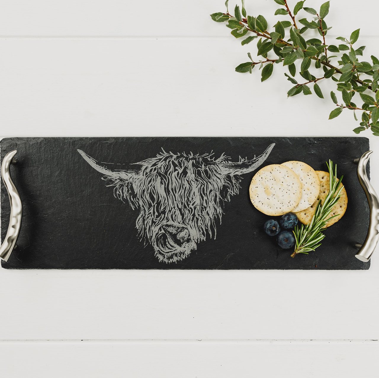 Highland Cow, Serviertablett aus Schiefer, lang und schmal
