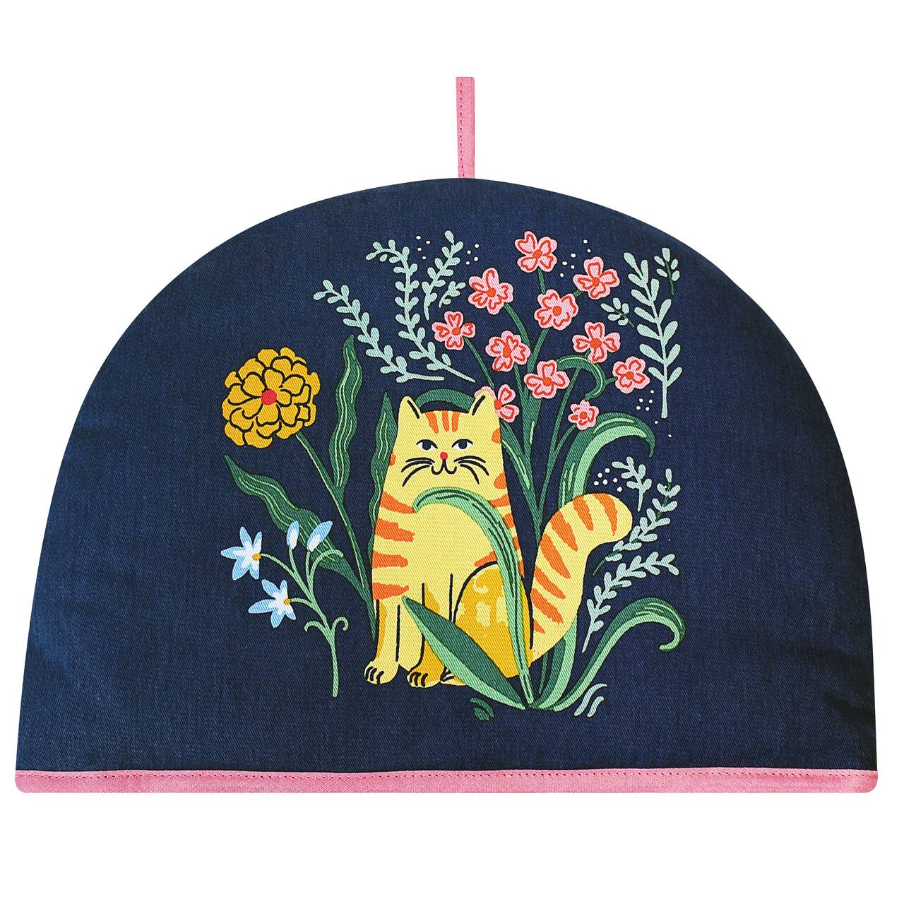Ulster Weavers Teehaube Marmalade Meadow mit orangeroter Katze und Blumen auf dunkelblauem Hintergrund.