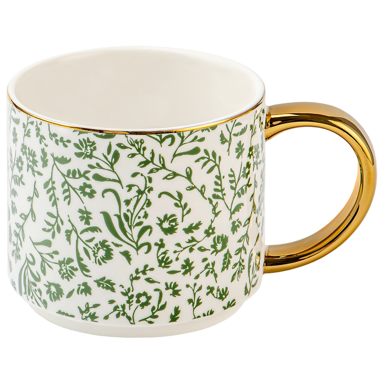 Dekorative Tasse aus feinstem Bone China Porzellan | in großzügiger, amerikanischer Größe | mit goldfarbenem Henkel und grünem, floralem Rundum-Design