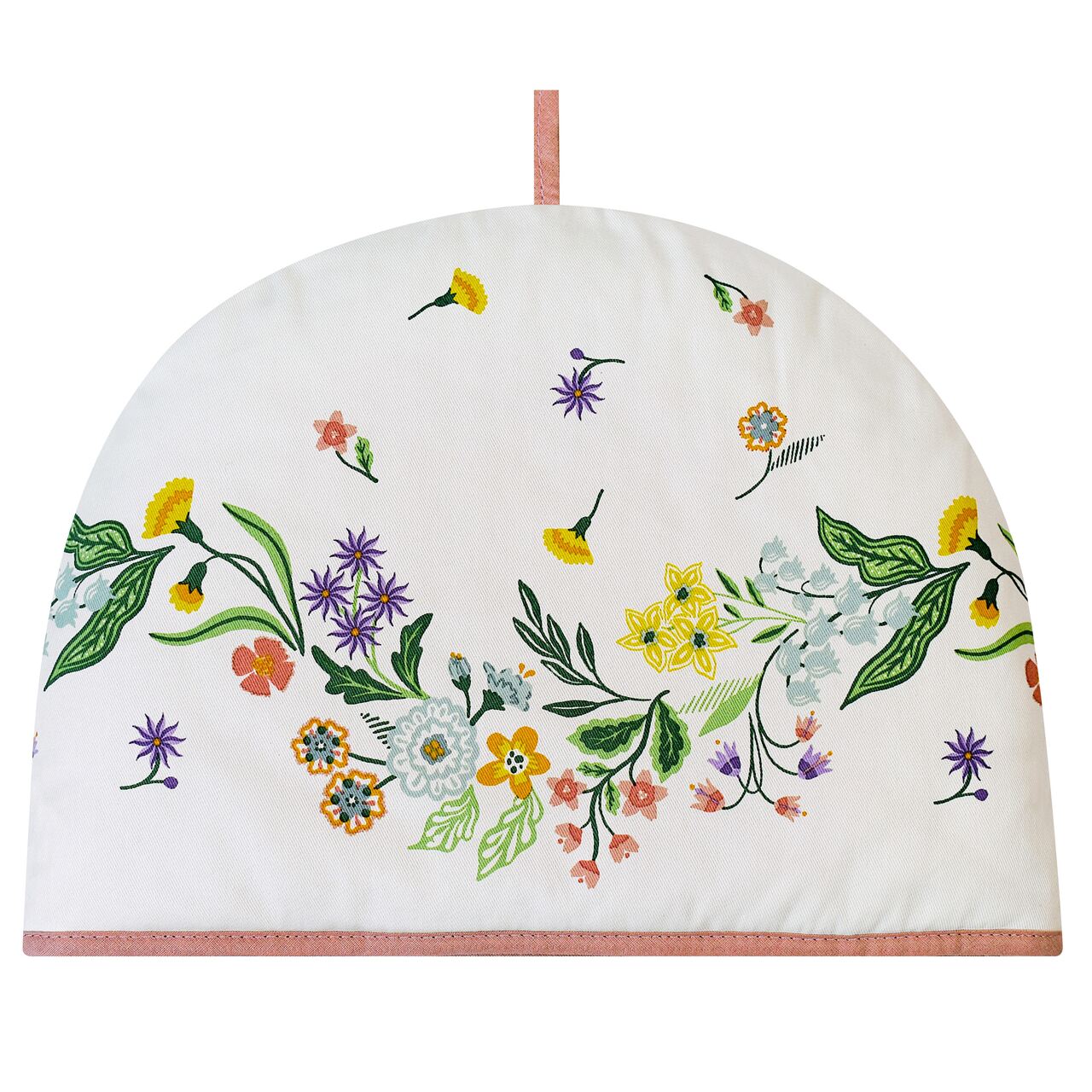 Teehaube von Ulster Weavers mit zarten Wildblumen und Blumenranken auf weißem Hintergrund mit rosa Paspelierung und Aufhängeschlaufe