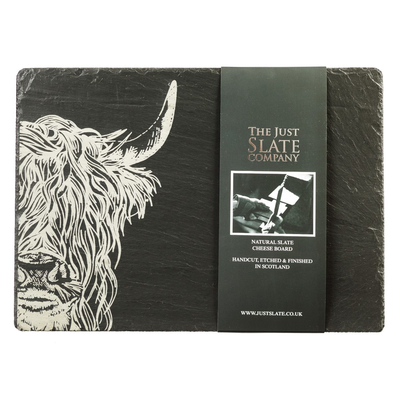 Käseplatte aus Schiefer, Motiv Highland Cow | The Just Slate Company