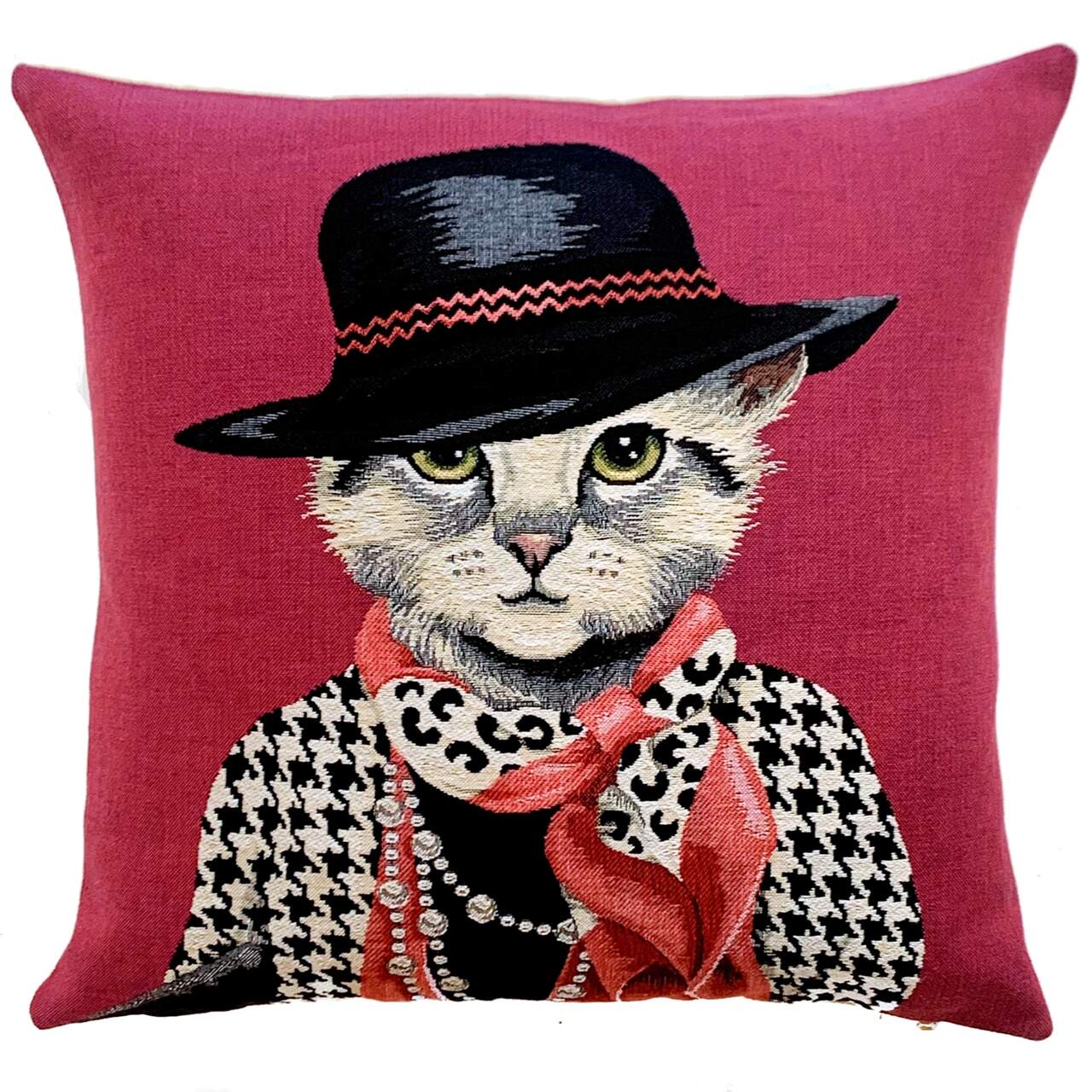 Sofakissen-Hülle | Design: Modebewusste Katze vor einem himbeerroten Hintergrund