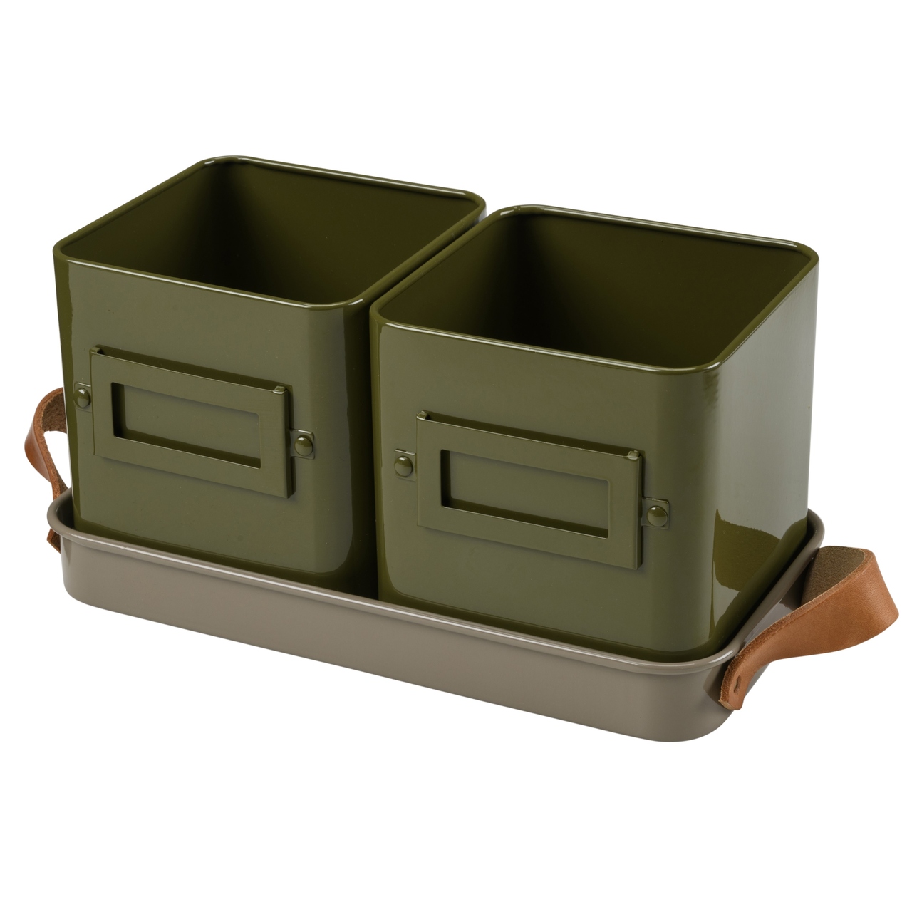 2 Kräutertöpfe auf einem Untersetzer | aus EnglandKräutertöpfe aus Metall, pulverbeschichtet in Olive