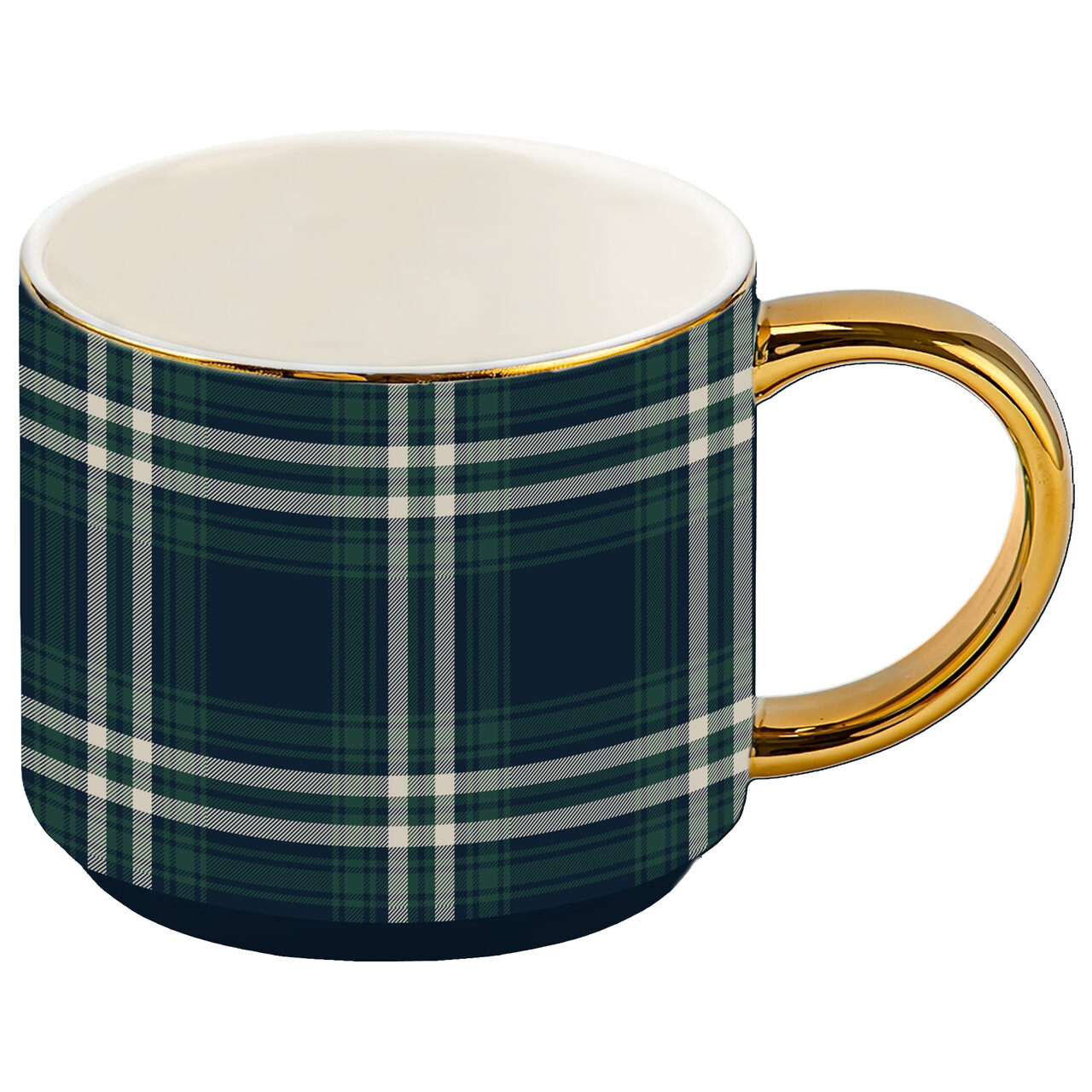 Tasse mit dunkelblau und grünem Karomuster | mit edlen Echtgold-Akzenten am Rand und einem vergoldeten Griff