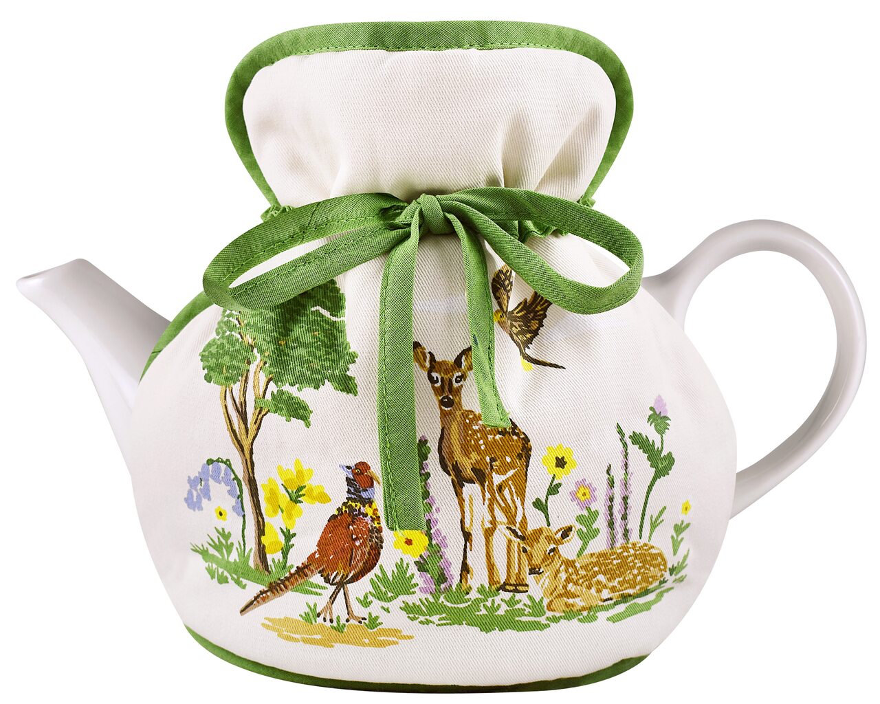 Teekannenwärmer mit schottischen Tieren und Pflanzen - Reh und Fasan, Wildblumen und Distelblüten auf weißem Hintergrund mit grüner Paspelierung