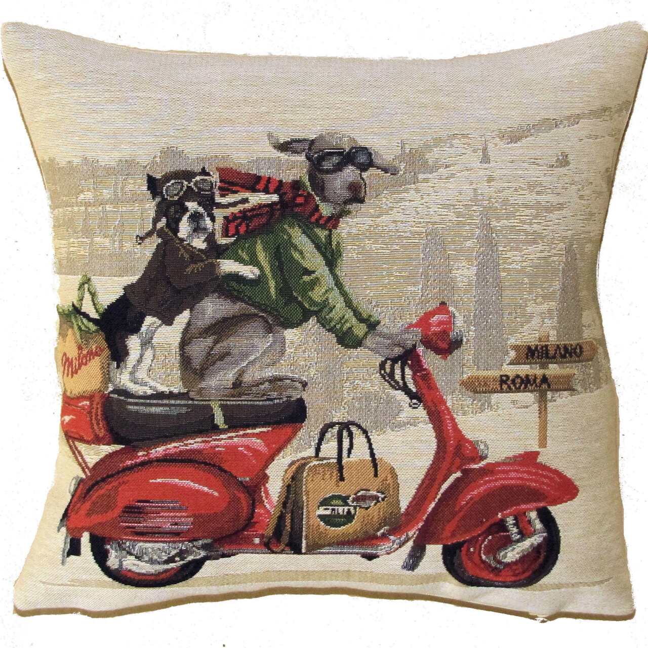 Jacquard-Sofakissenhülle Dogs on Tour | Ein Weimaraner und eine französische Bulldogge auf einer roten Vespa