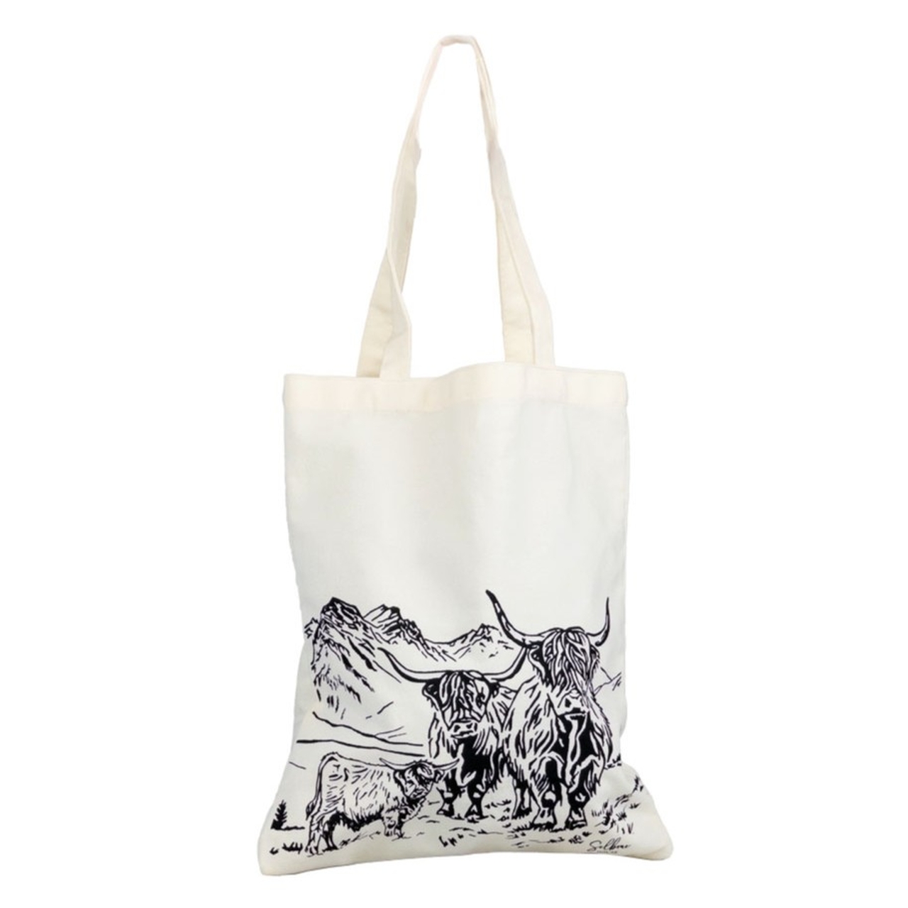 Baumwoll-Tragetasche | Tote Bag | Design Highland Cows - 3 Highland Cows, Eltern mit Kind | malerisch dargestellt vor den schottischen Bergen | von Selbrae House