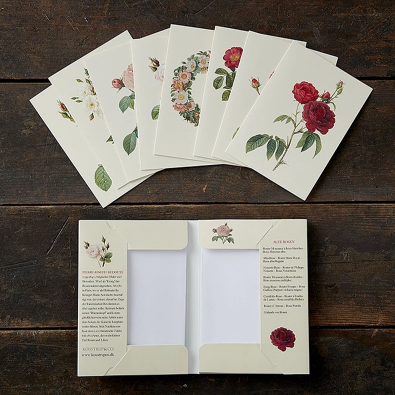 Der Inhalt der Kartenbox: 8 verschiedene Grußkarten mit Retouté-Zeichnungen | links auf der Kartenbox eine kurze Erklärung zu Pierre-Joseph Redouté | auf der rechten Seite sind die Namen der Rosen aufgelistet.