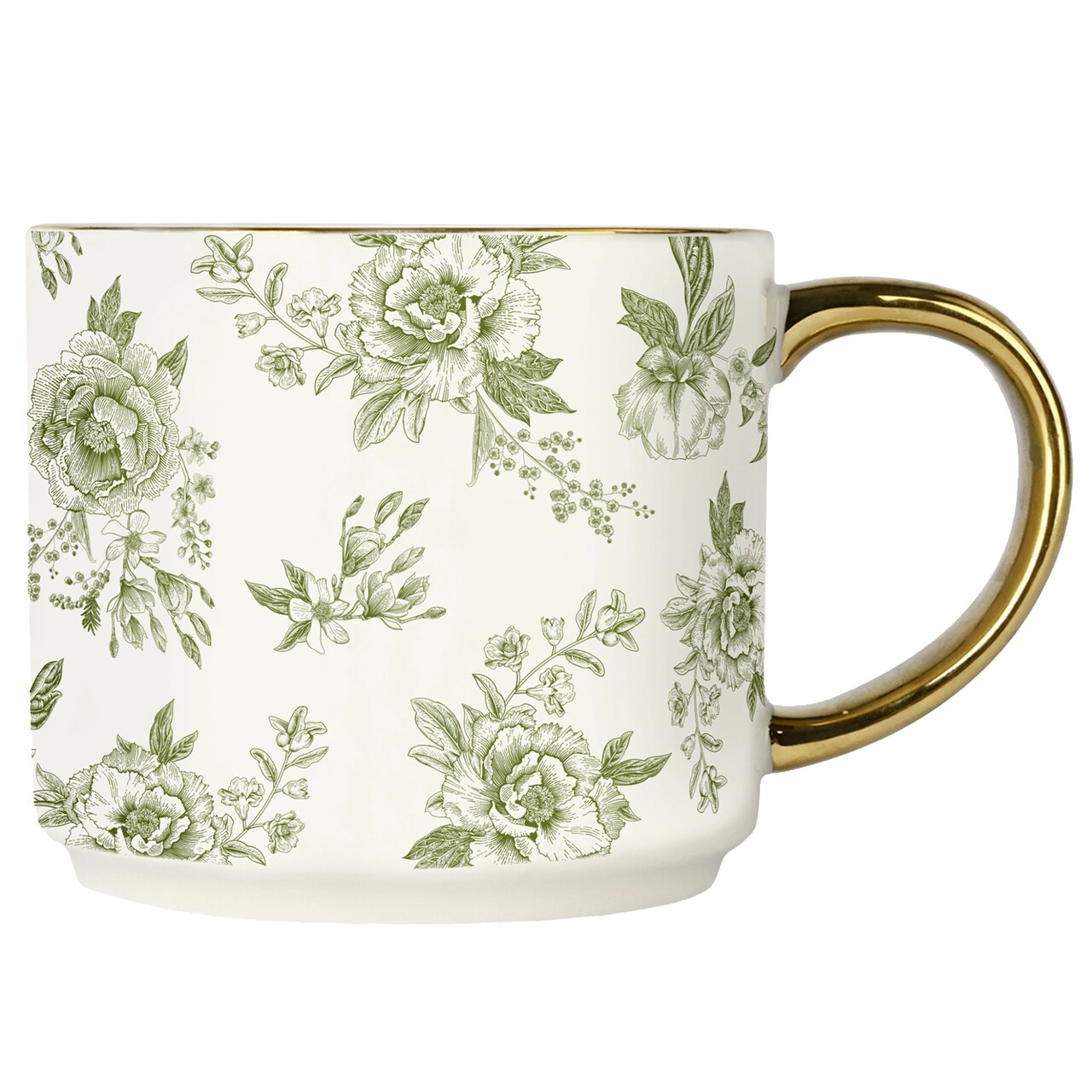 Porzellantasse im nostalgischen, Botanik-Stil (Delfter) mit Goldhenkel, feinem Goldrand und grünem Blütendekor | von Sweet Water Decor, USA