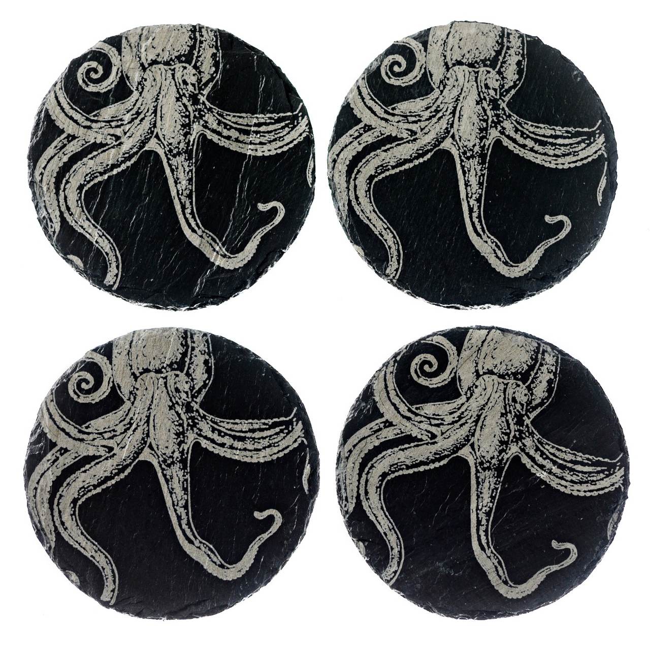 Runde Glas-Untersetzer aus Schiefer | Gravur Octopus