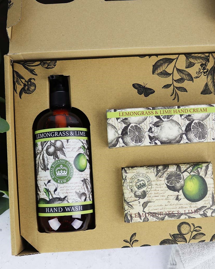 Kew Gardens Handpflege-Set | Zitronengras & Limette | 240 g Seifenstück, 500 ml Flüssigseife, Handcreme